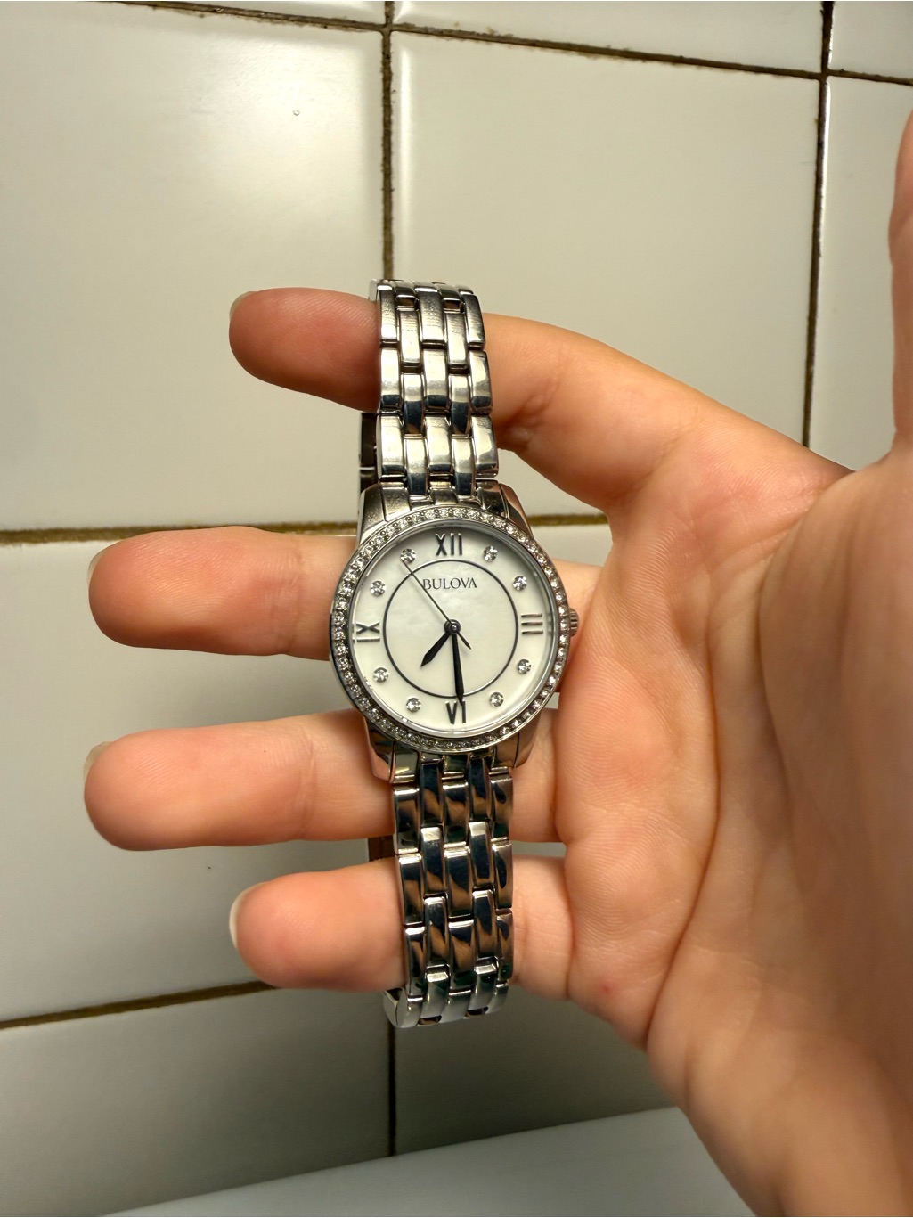 Bulova Silver Watch With White Dial And Crystal Accents